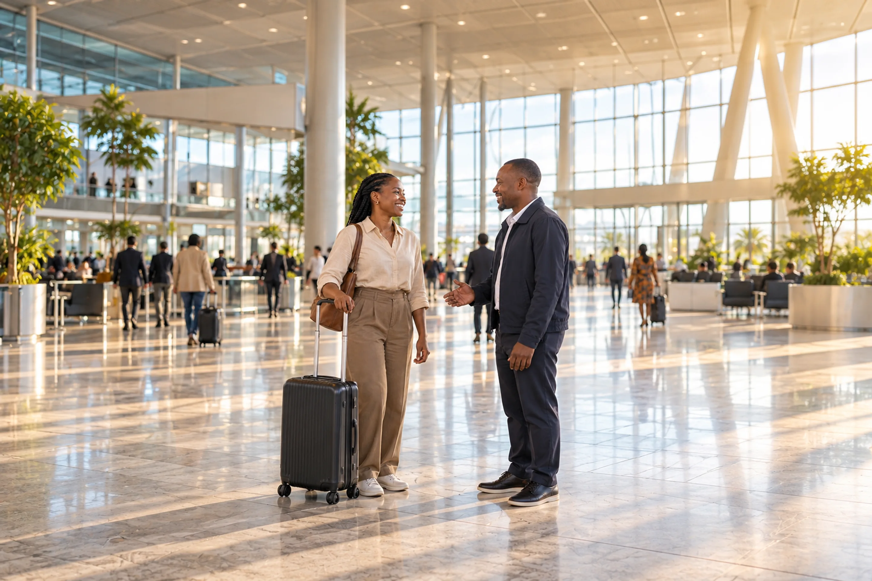 A traveller with luggage meeting a driver inside a bright terminal.